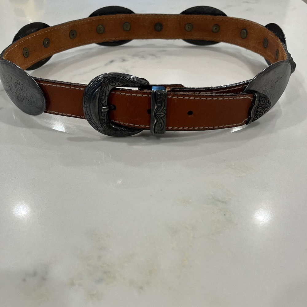 Vintage Avignon Brown Leather Concho Style Belt, Size S, Made in Spain